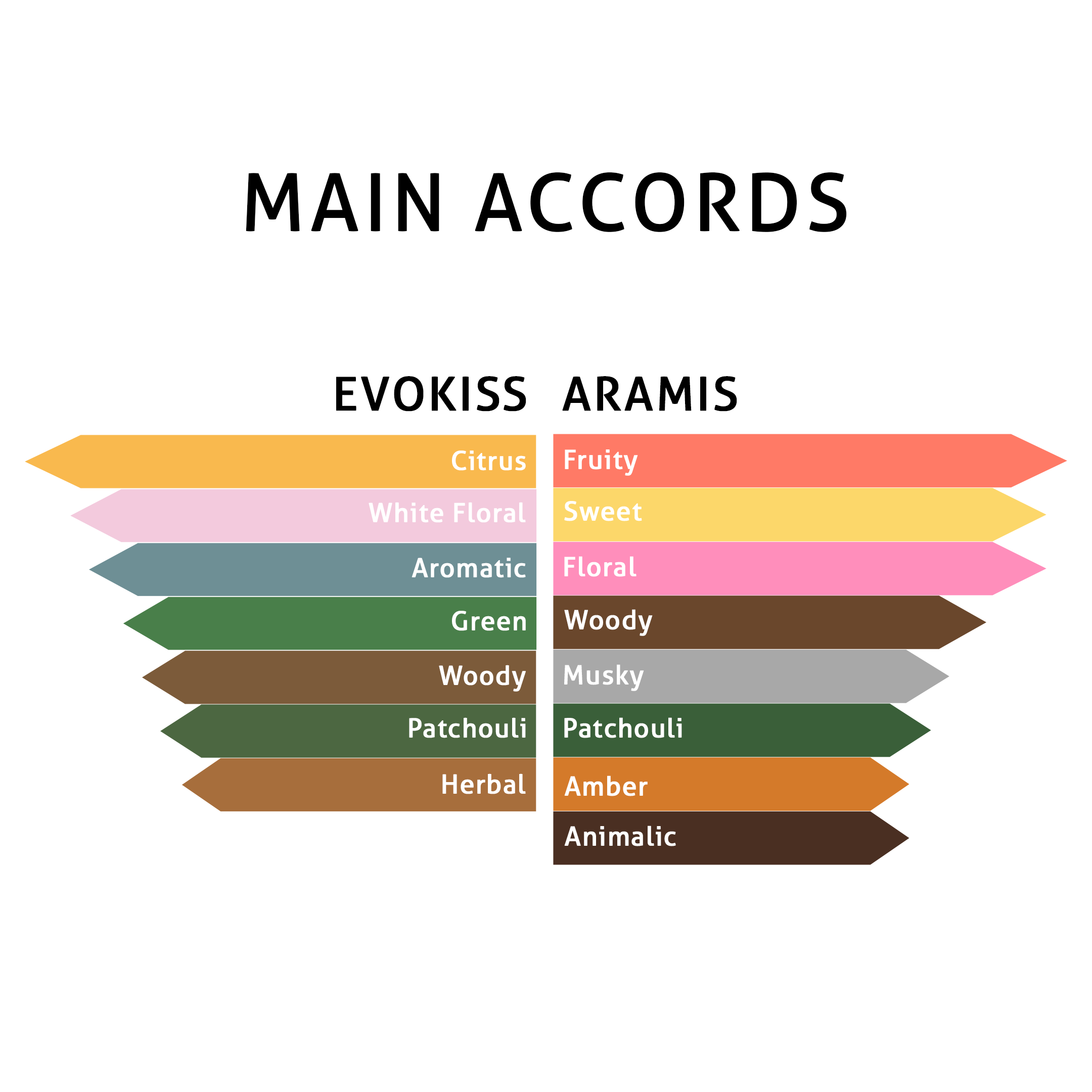 "Main Accords" perfume chart for "Evokiss" and "Aramis" with color-coded aroma profiles.