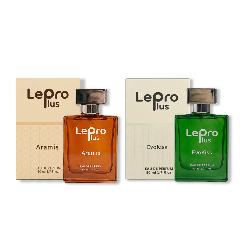 Two perfume bottles and boxes in brown and green.