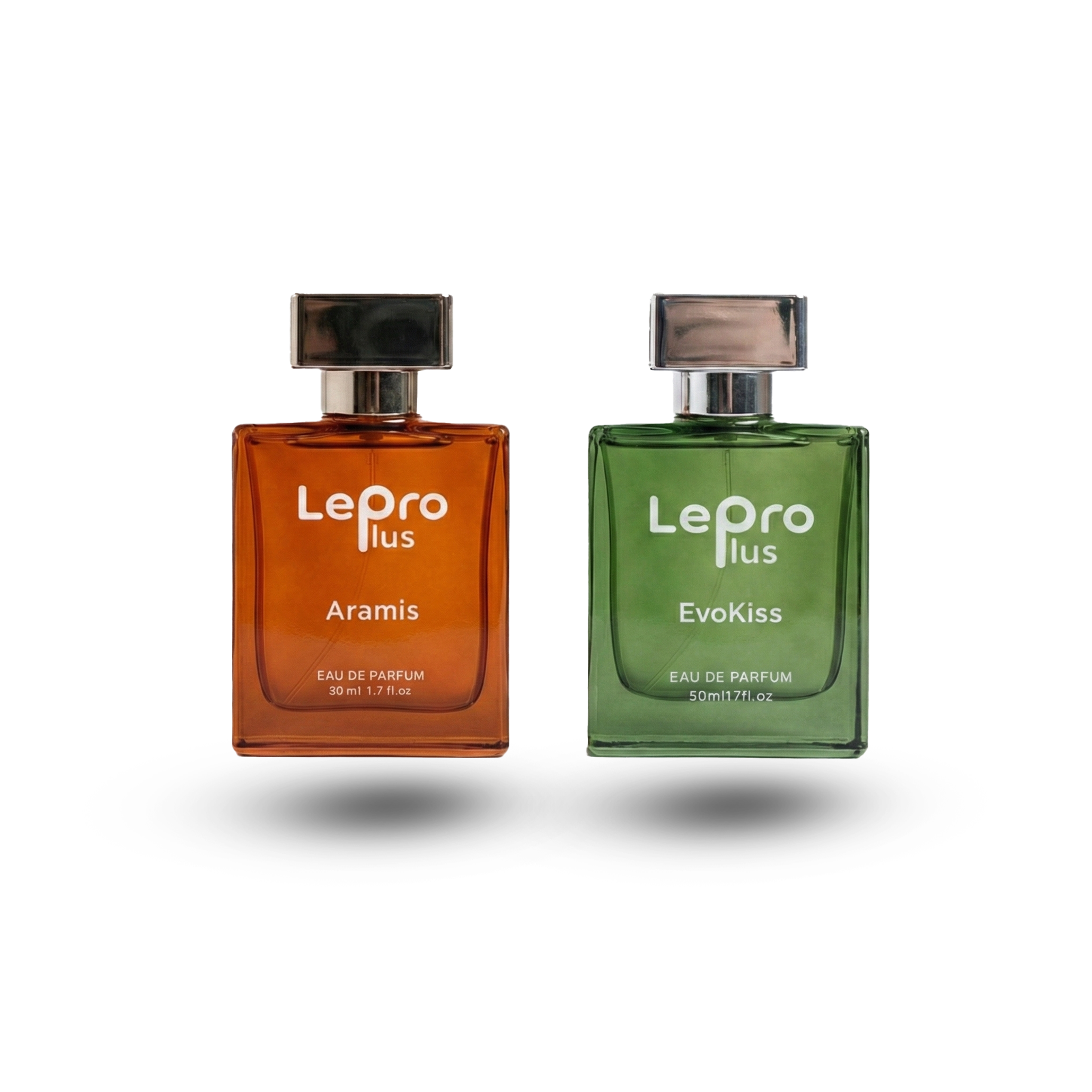 Two square perfume bottles, one orange and one green, with silver tops, floating in front of a white background.