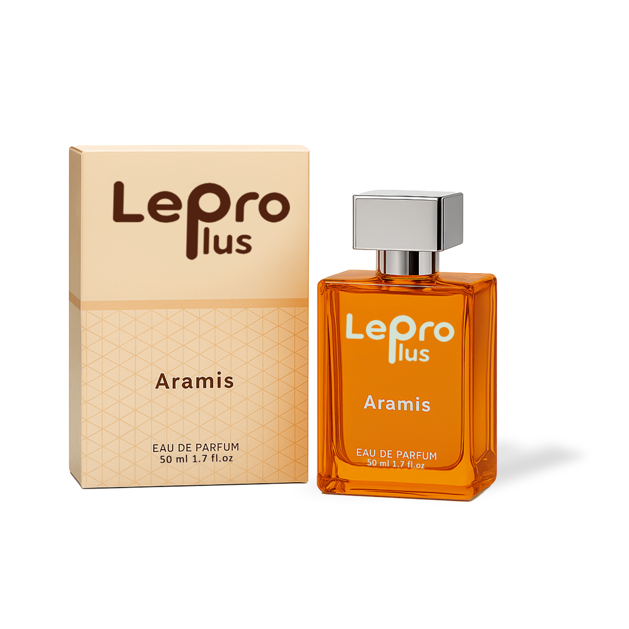 Perfume bottle and packaging, orange and brown tones.
