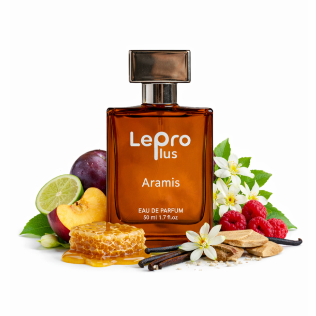 Bottle of Le Pro Plus Aramis Eau de Parfum surrounded by fruit, flowers, and honeycomb.
