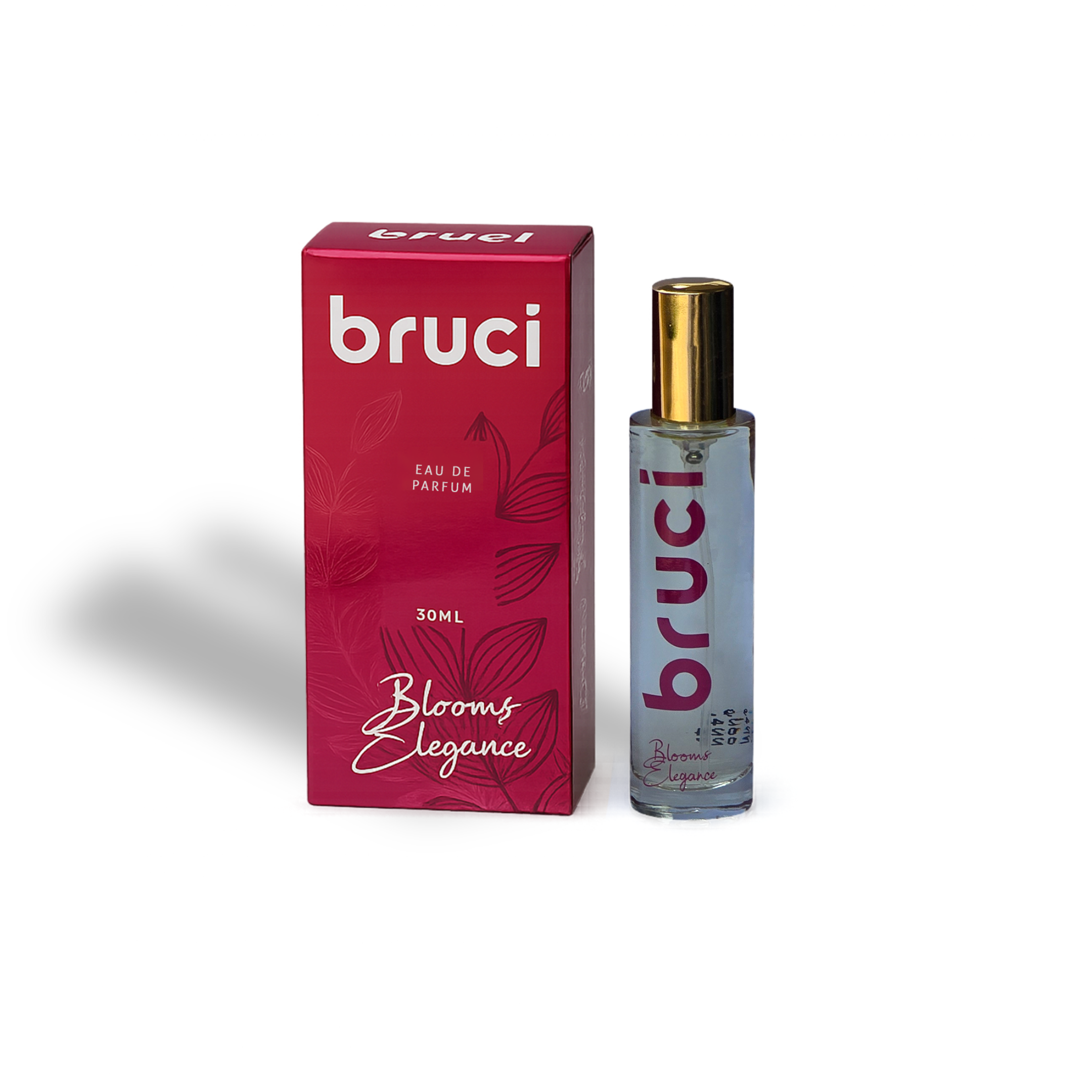 Bottle of Bruci Blooms Elegance Eau De Parfum and its red box.