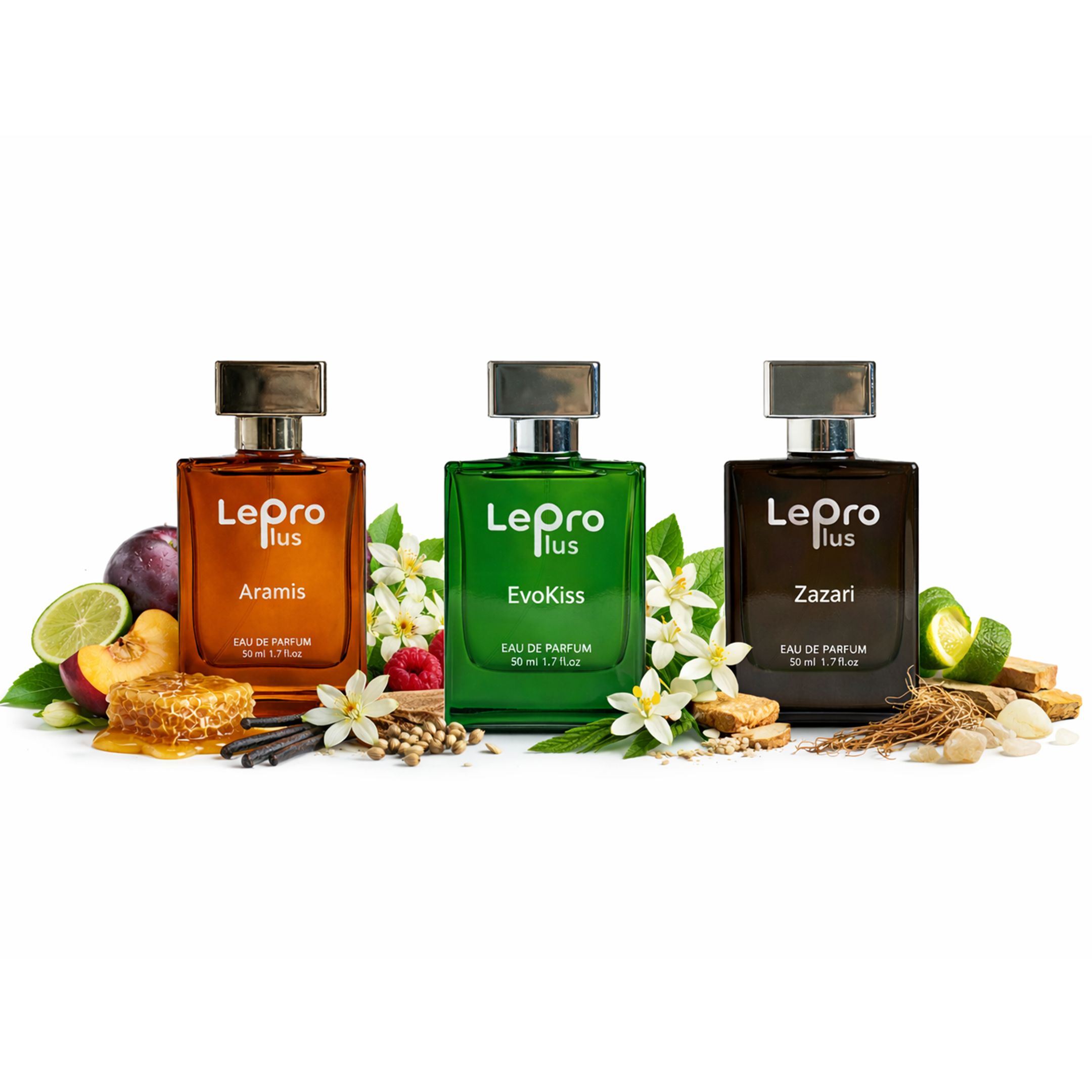 Three perfume bottles with ingredients for their scents.