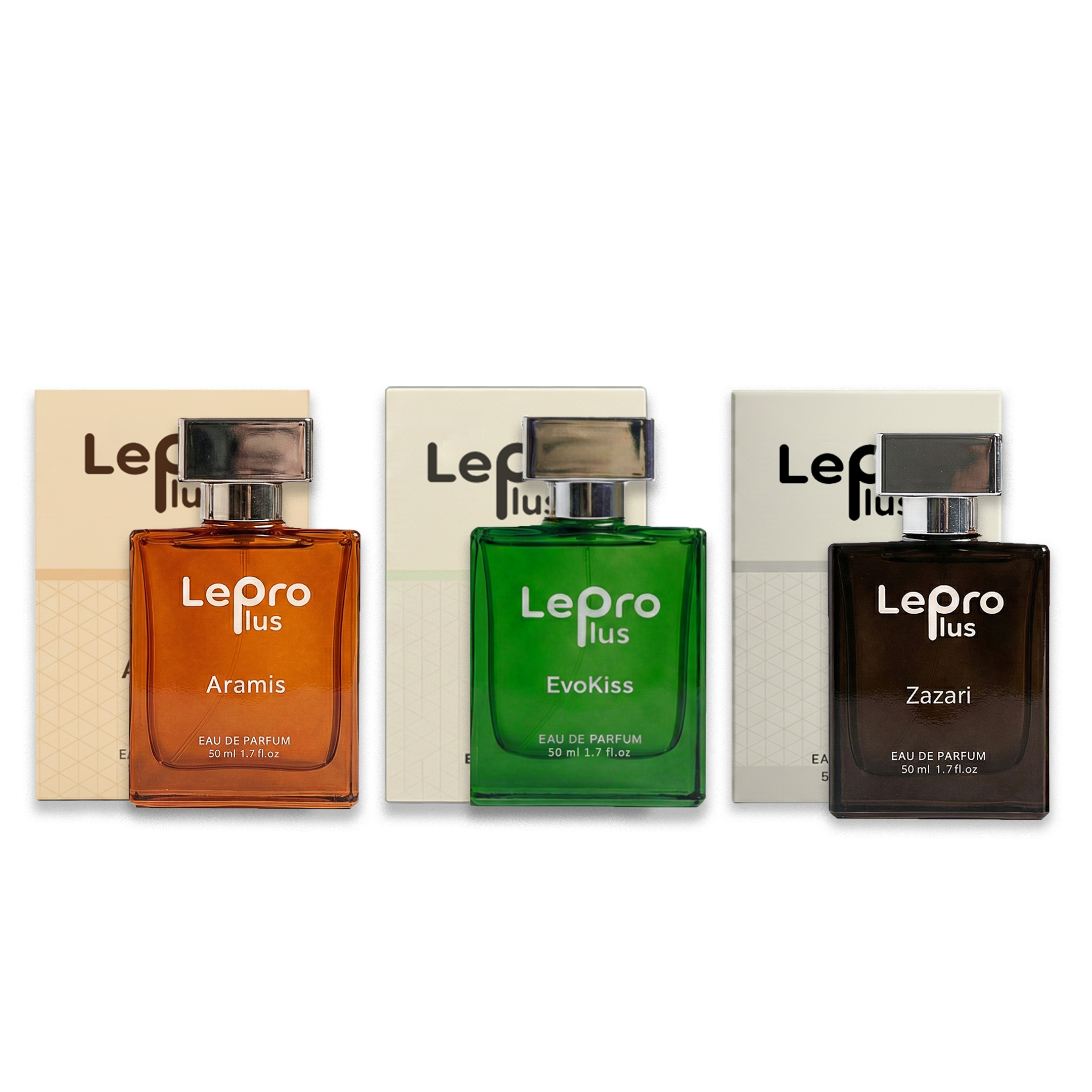 Three bottles of Lepro Plus perfume in amber, green, and brown colors.