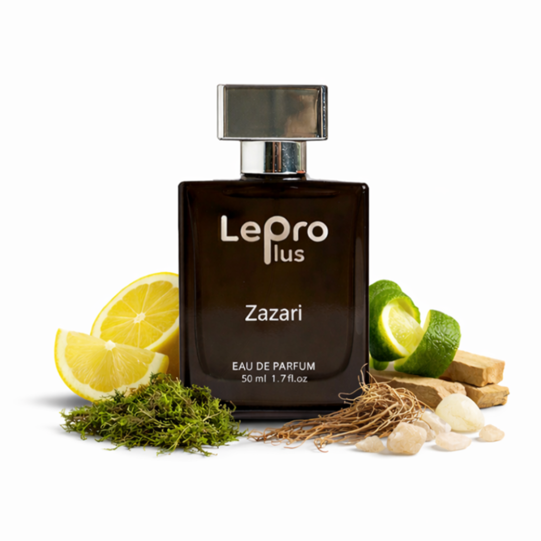 Perfume bottle with citrus, moss, and roots.