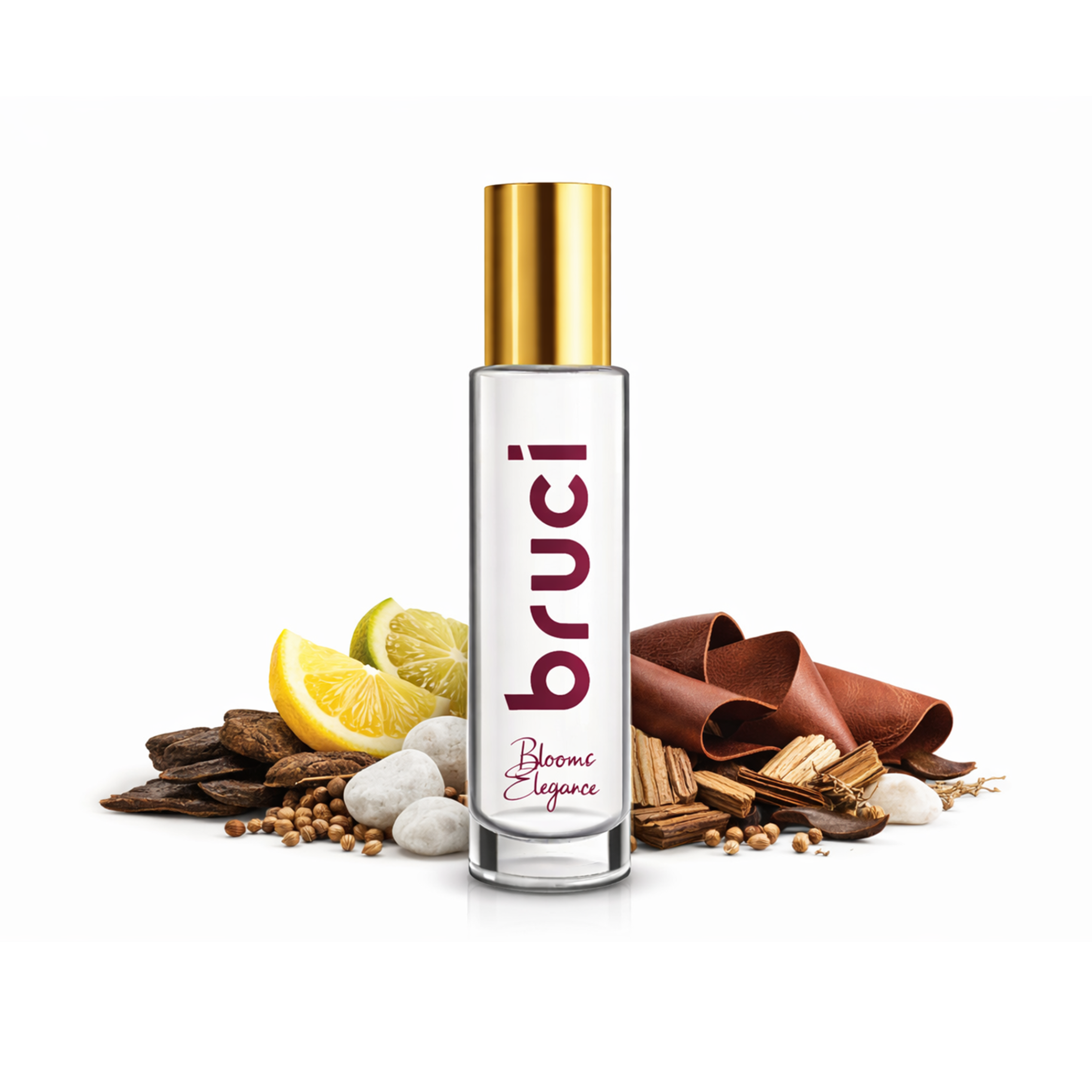 Perfume bottle surrounded by leather, citrus, and wood.