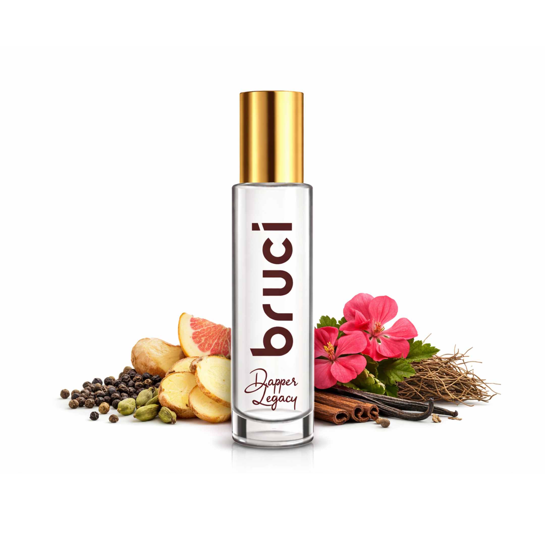 Perfume bottle surrounded by flowers, spices, and fruit.