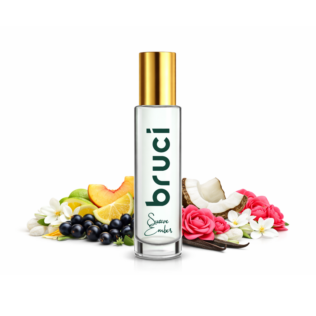 Perfume bottle surrounded by fruits and flowers.