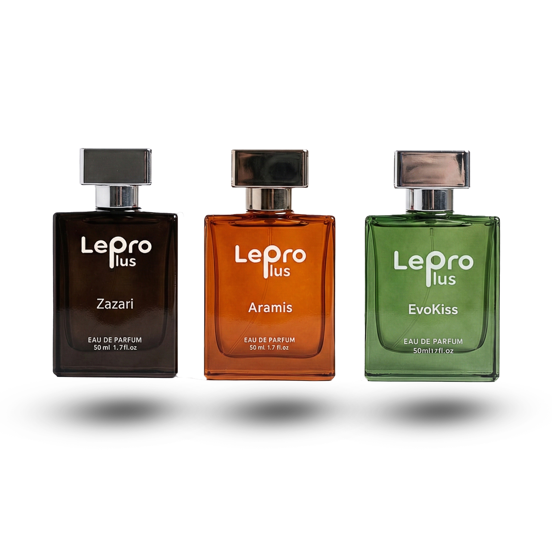 Three square perfume bottles, brown, orange, and green, with silver caps and white labels.